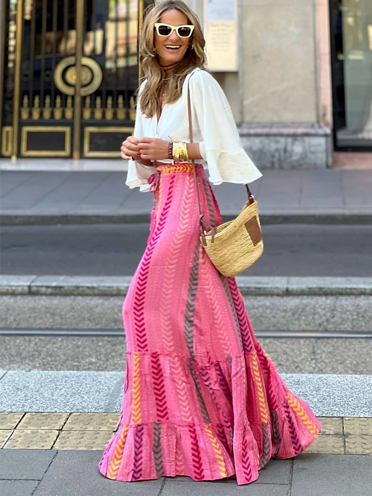 Fashion Printed Long Skirt Women Geometric Pattern Boho Retro A-line