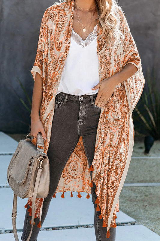 Orange Boho Paisley Print Kimono Beach Cover up with Tassel