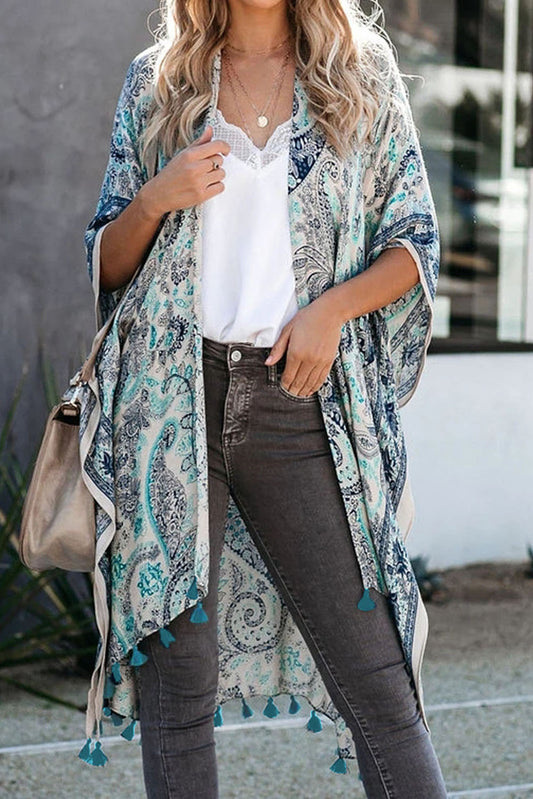 Beige Boho Paisley Print Kimono Beach Cover up with Tassel