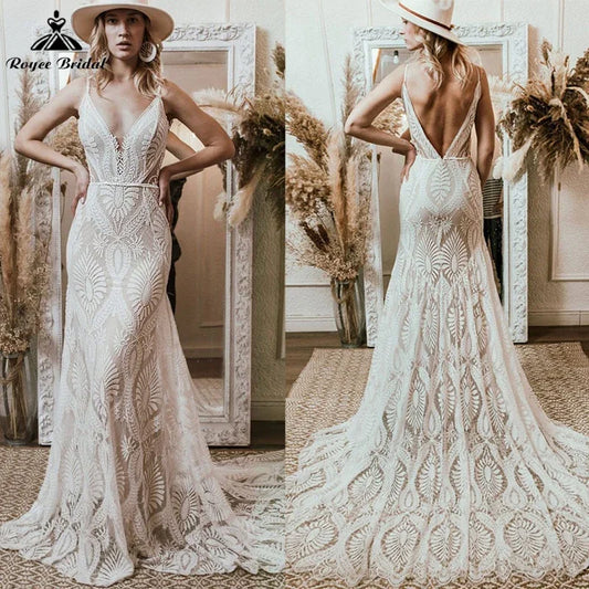 Roycebridal Vestido Bohemian Wedding Dress V Neck Lace Boho Spaghetti