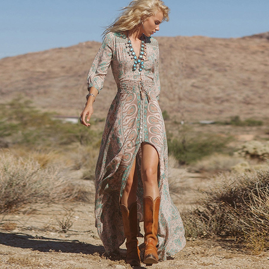 TEELYNN boho long dress Vintage 2021 floral print Chiffon three