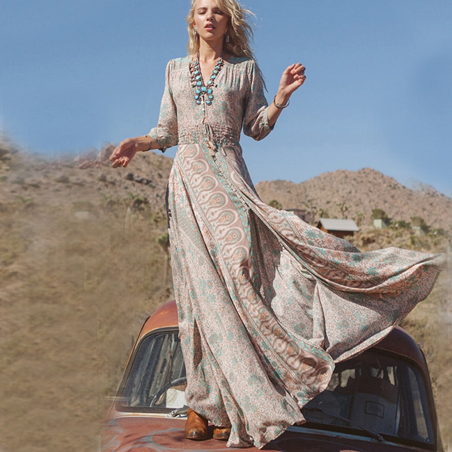 TEELYNN boho long dress Vintage 2021 floral print Chiffon three